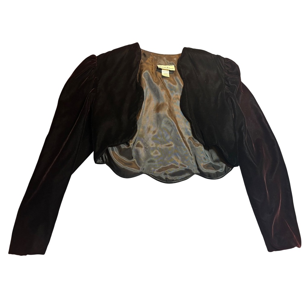 VTG Dave & Johnny Bolero Shrug Womens Black Burgundy Excellent Velvet Scallop Sm